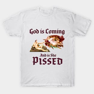 God Is Coming And Is She Pissed Funny Michelangelo Parody T-Shirt